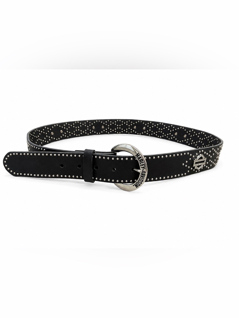 Harley-Davidson Black Leather Studded Belt with Branded Silver Ring Buckle